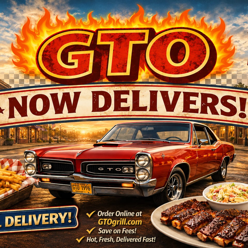 GTO Grill advertisement with a classic car, burger, fries, ribs, and pasta salad on Main Street.