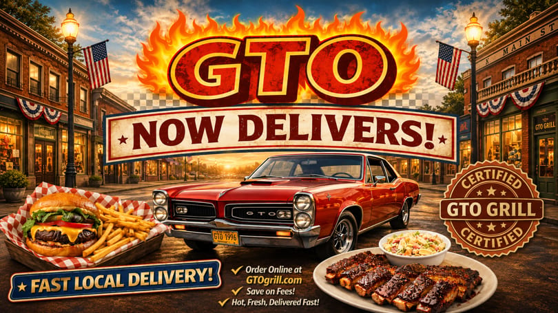 GTO Grill advertisement with a classic car, burger, fries, ribs, and pasta salad on Main Street.