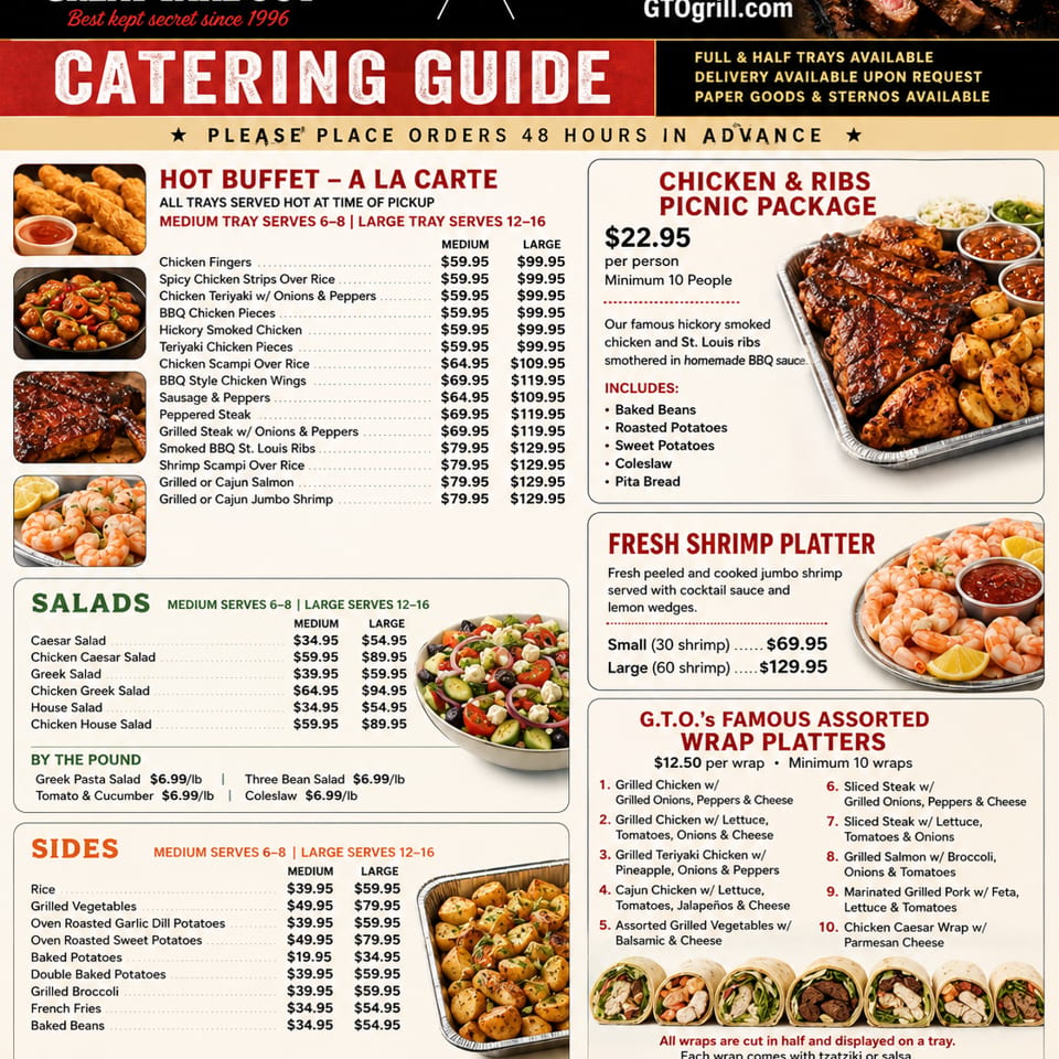 A catering menu for G.T.O. Great Take Out, featuring various dishes like chicken, ribs, salads, and wraps.