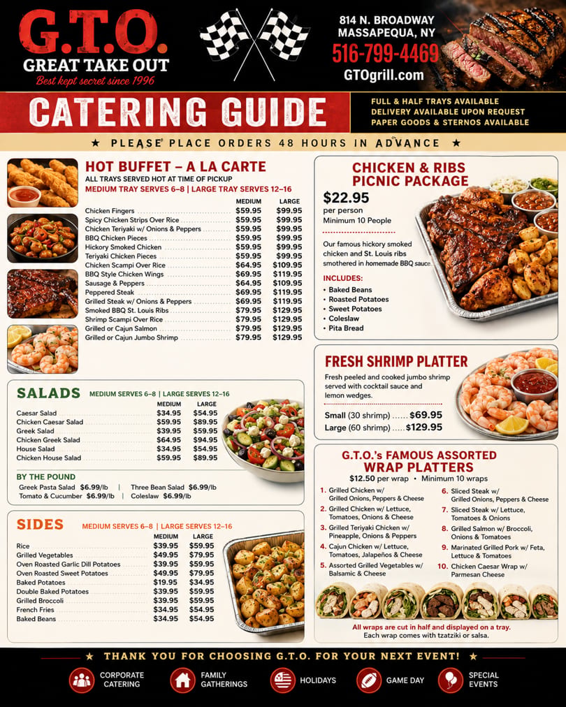 A catering menu for G.T.O. Great Take Out, featuring various dishes like chicken, ribs, salads, and wraps.