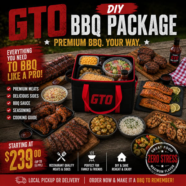 A GTO BBQ package with ribs, steak, salmon, chicken, burgers, and various sides like corn and salad.