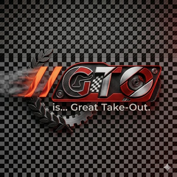 GTO logo with racing elements like a checkered flag background, laurel wreath, and gear.