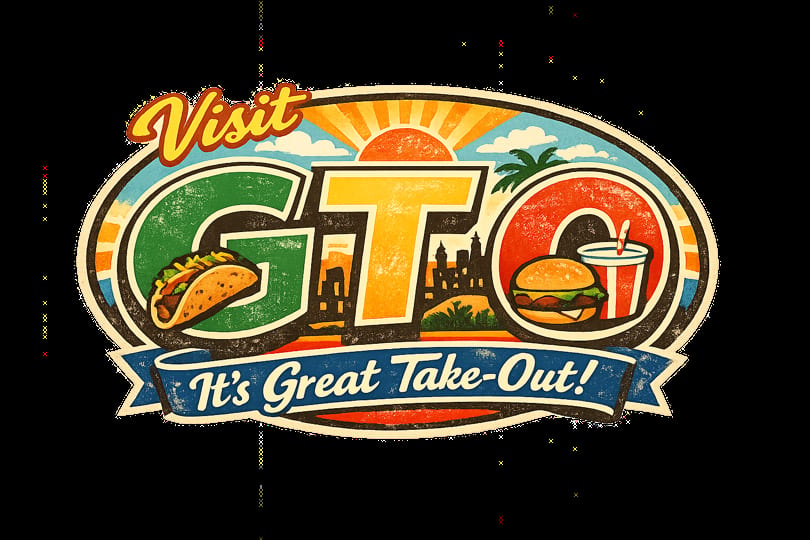 Retro-style logo with "Visit GTO It's Great Take-Out!" featuring a taco, city skyline, burger, and drink.