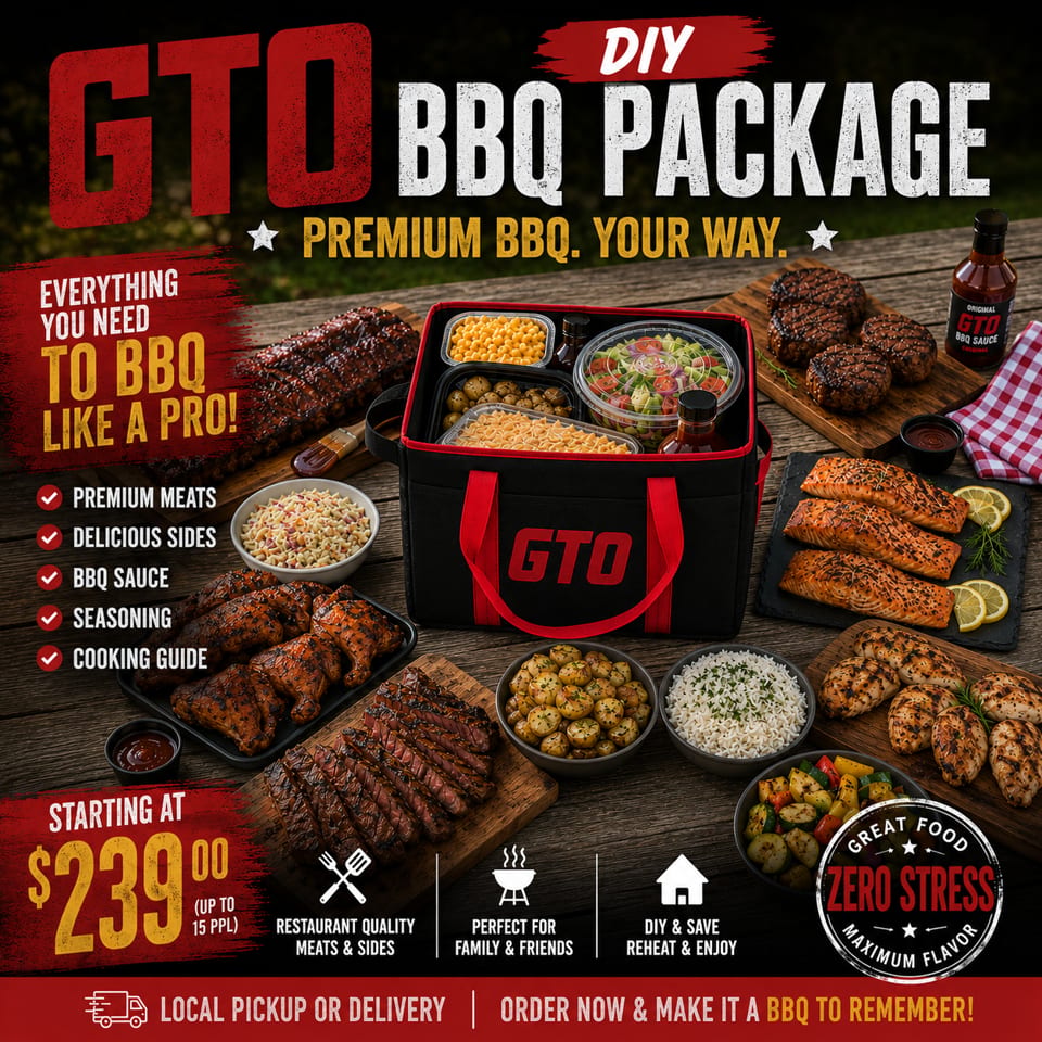 A GTO BBQ package with ribs, steak, salmon, chicken, burgers, and various sides like corn and salad.