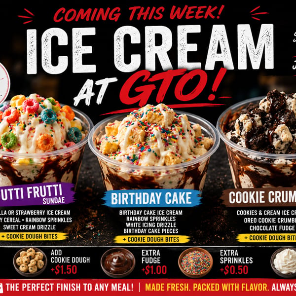 Three ice cream sundaes: Tutti Frutti, Birthday Cake, and Cookie Crumble, with toppings and add-ons.
