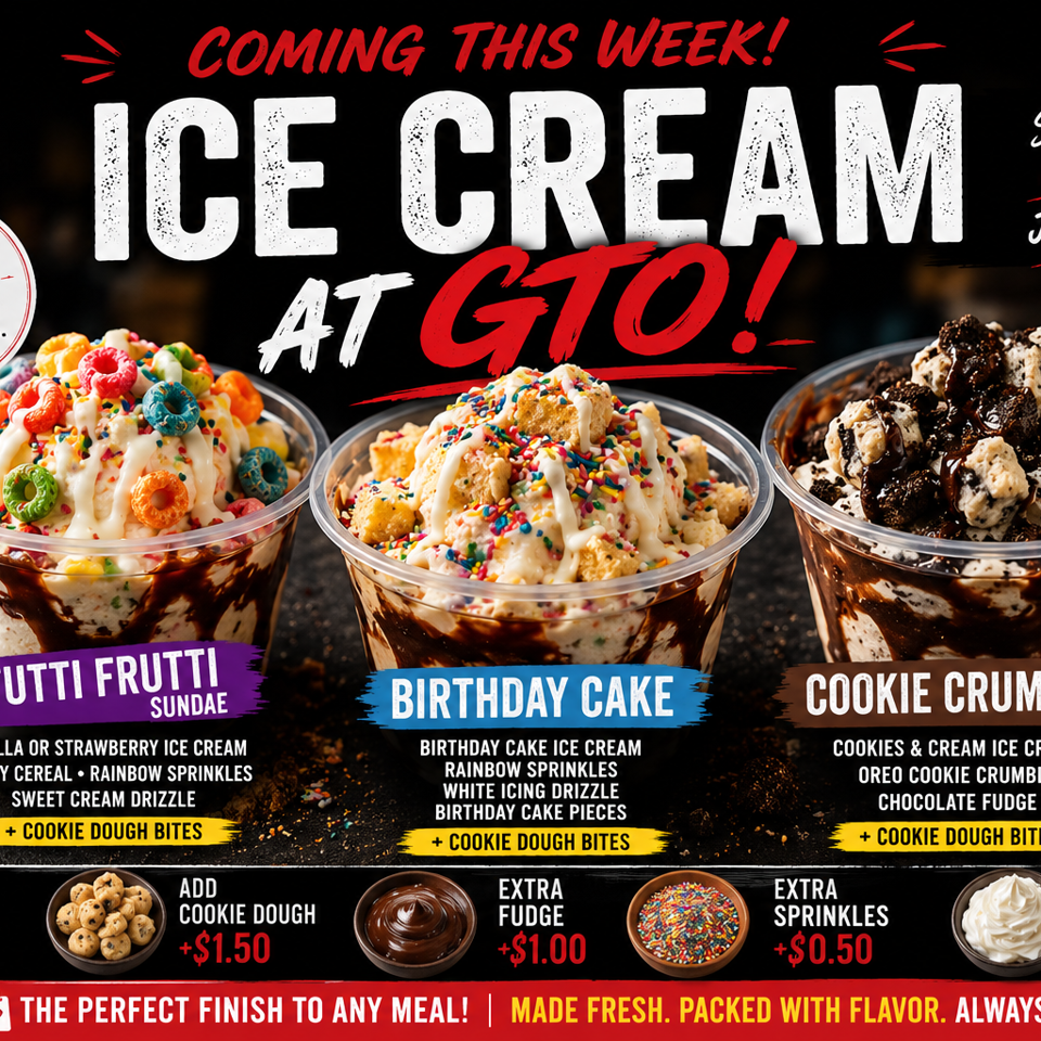Three ice cream sundaes: Tutti Frutti, Birthday Cake, and Cookie Crumble, with toppings and add-ons.