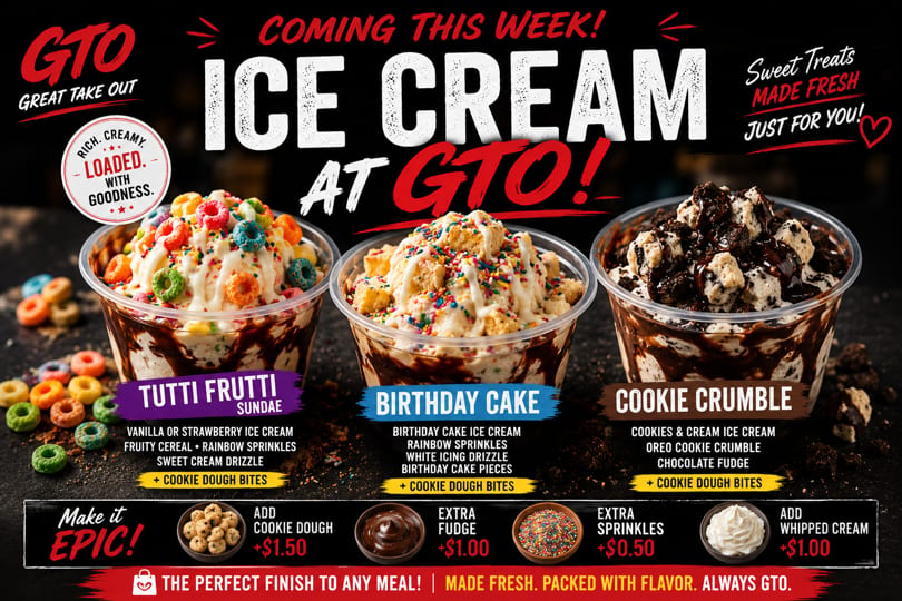 Three ice cream sundaes: Tutti Frutti, Birthday Cake, and Cookie Crumble, with toppings and add-ons.