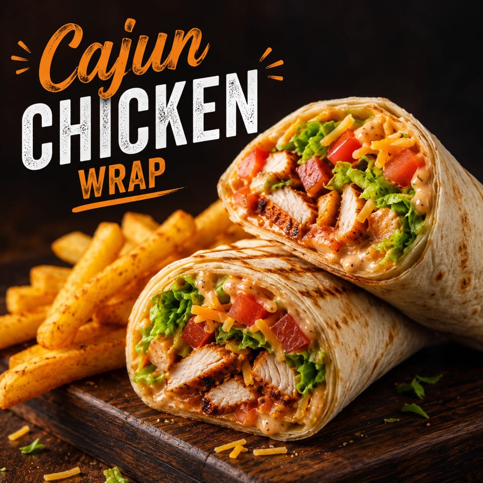 Two Cajun Chicken Wraps, filled with chicken, lettuce, tomatoes, and sauce, next to fries on a wooden board.