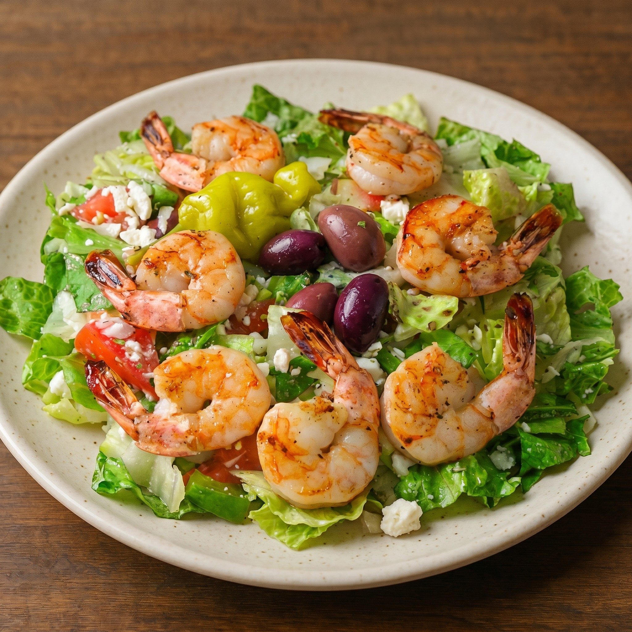 Shrimp Over Greek, Caesar or Leaf Salad.