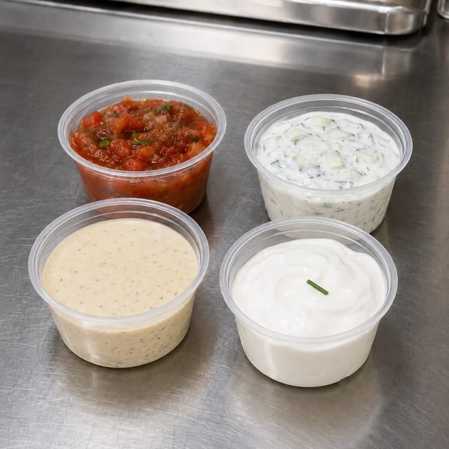 Salsa, Tzatziki Sauce or Dressings.