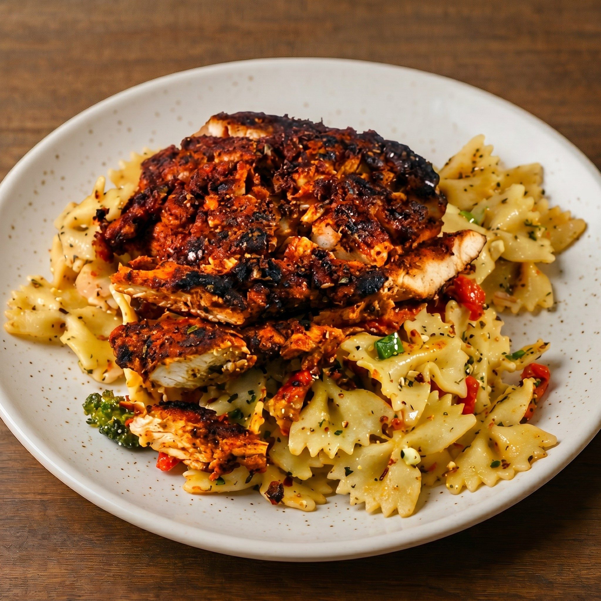 Grilled or Cajun Chicken Over Greek Pasta Salad.