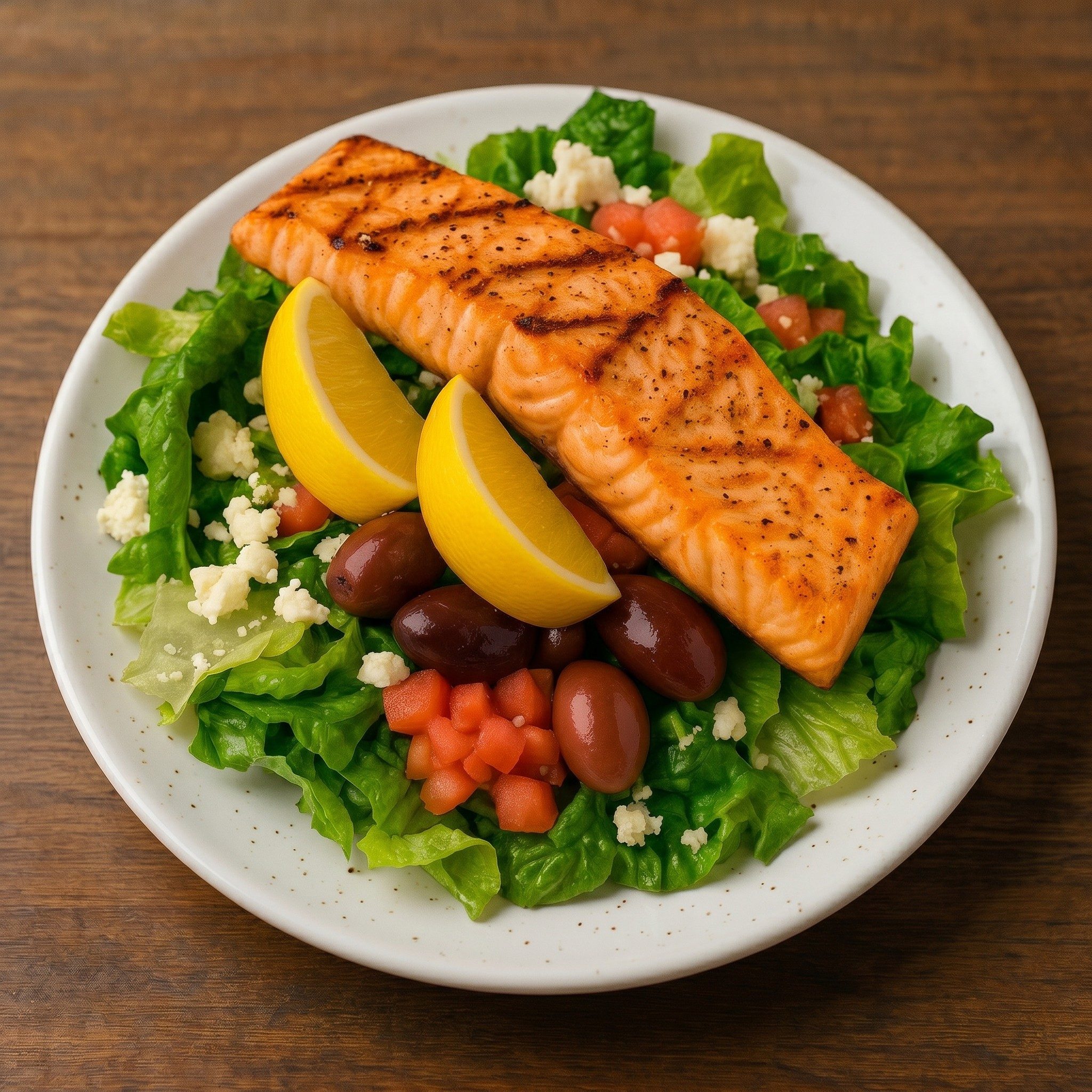 Grilled or Cajun Salmon Over Greek, Caesar or Leaf.